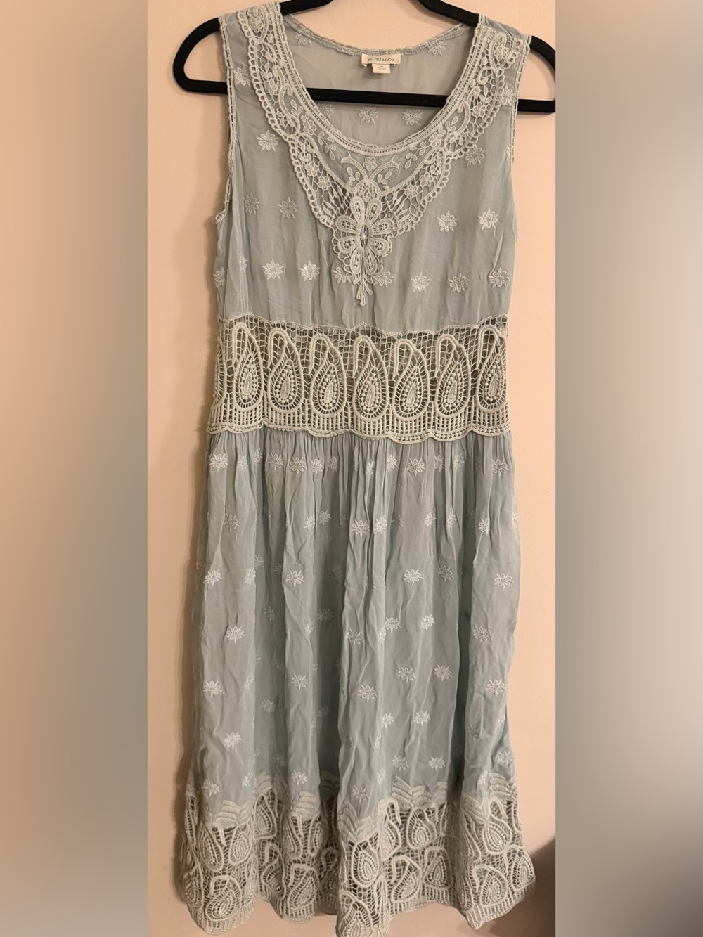 Sundance Sage Green Embroidered Lace-Trim Midi Dress